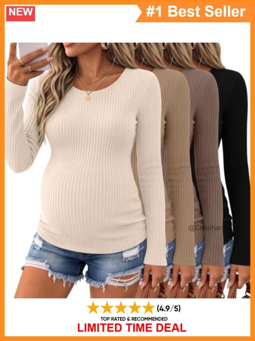4 Pack Womens Maternity Ribbed Tops Pregnancy Long Sleeve Scoop Neck Tees